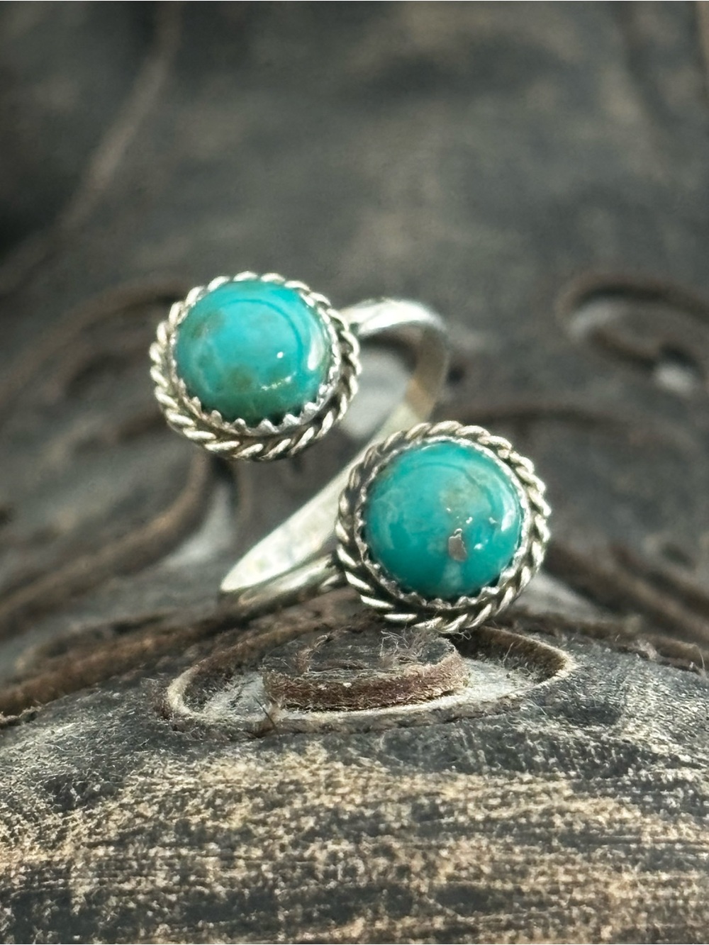 Native made by artist Ernest Wood (EW) Sterling Silver Turquoise Bypass Ring
